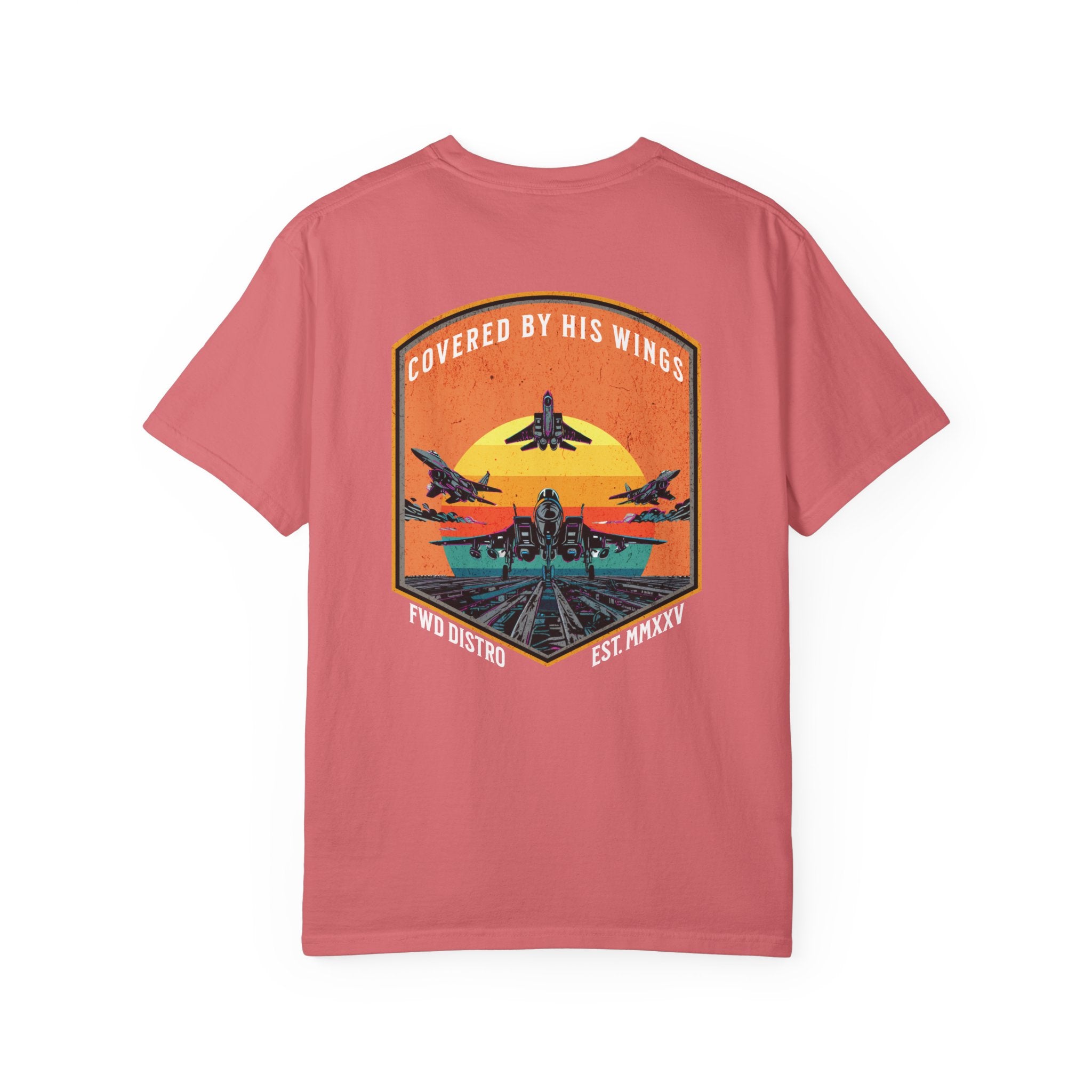 Watermelon t-shirt with graphic of fighter jets and sunset text Covered By His Wings on back