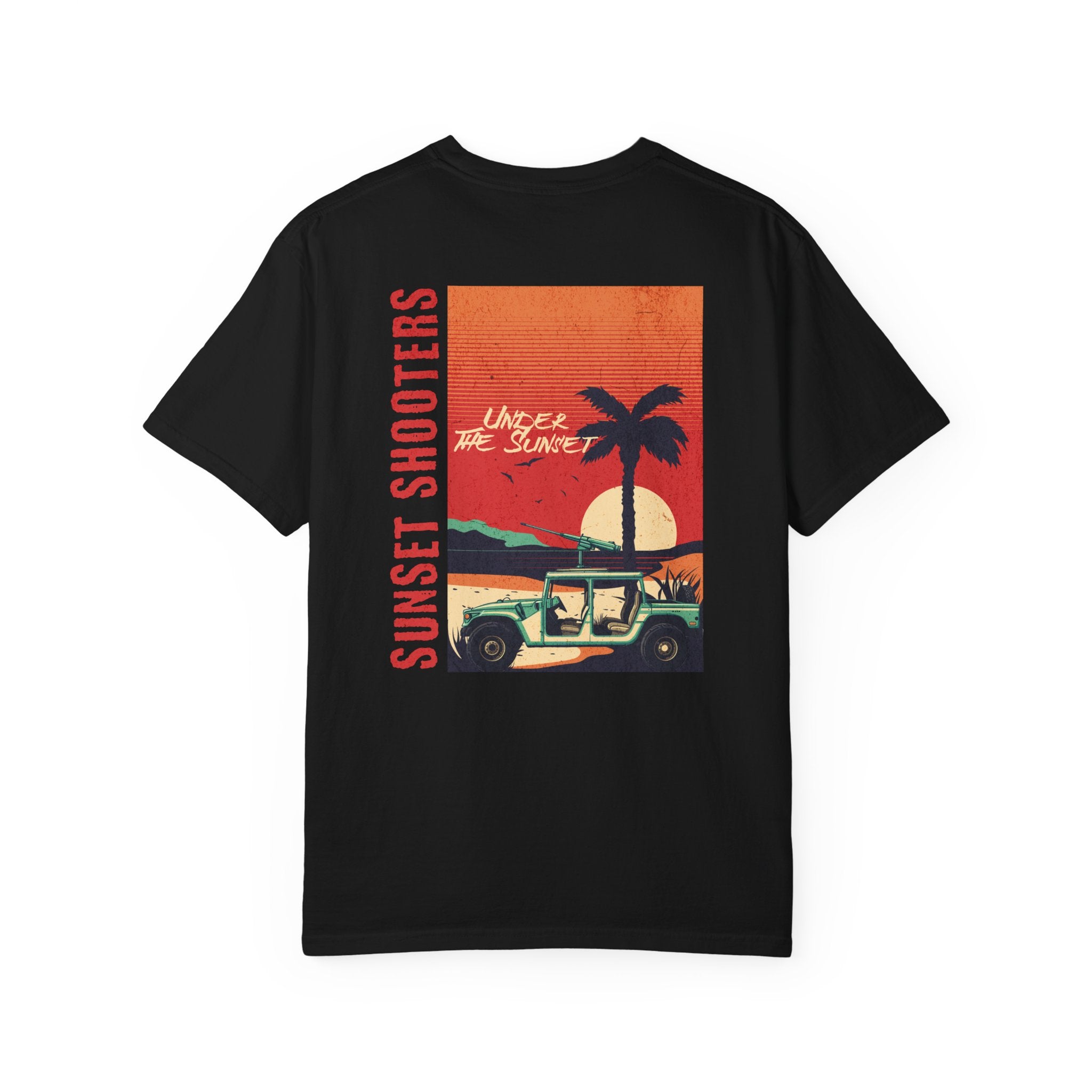 Black t-shirt with a graphic design of a sunset, palm tree, and jeep.