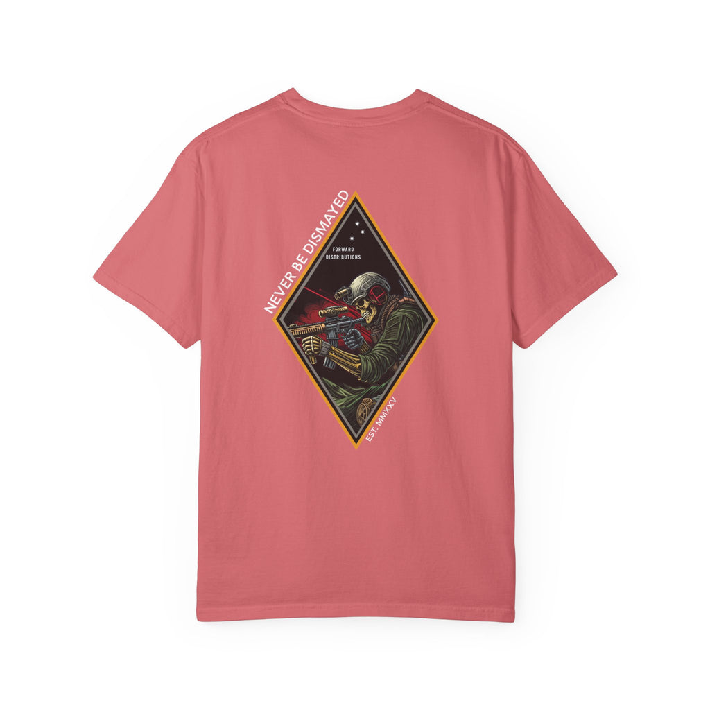 Watermelon t-shirt with a diamond graphic with a skull soilder with the text Never Be Dismayed