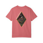 Watermelon t-shirt with a diamond graphic with a skull soilder with the text Never Be Dismayed