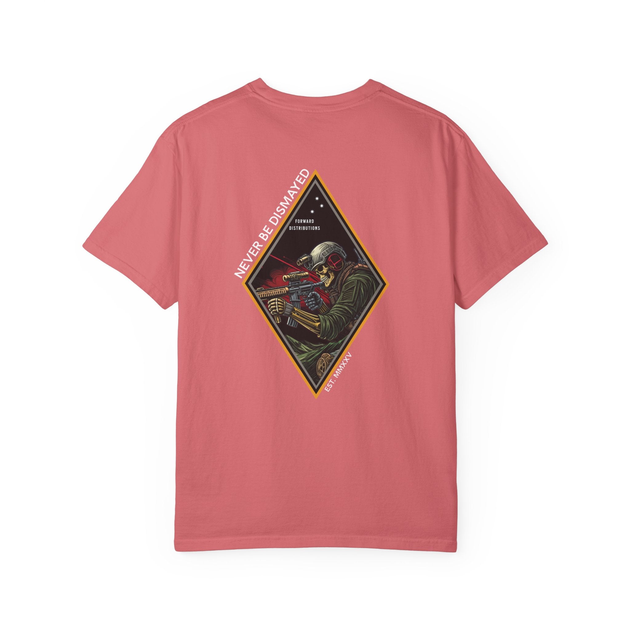 Watermelon t-shirt with a diamond graphic with a skull soilder with the text Never Be Dismayed