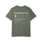 Moss cotton t-shirt with a humorous Standing Watch review showing one star.