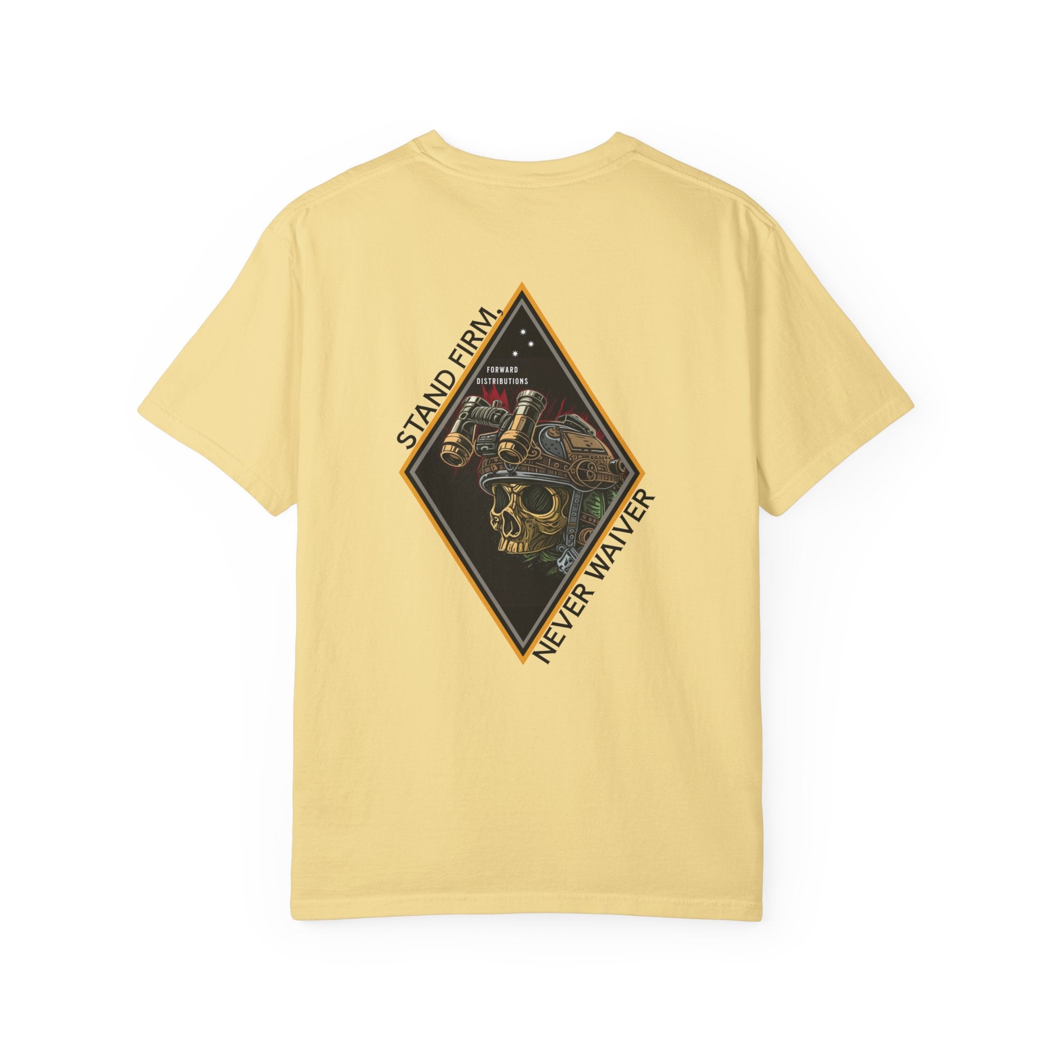 Butter t-shirt with a Skull graphic design and text on the back.