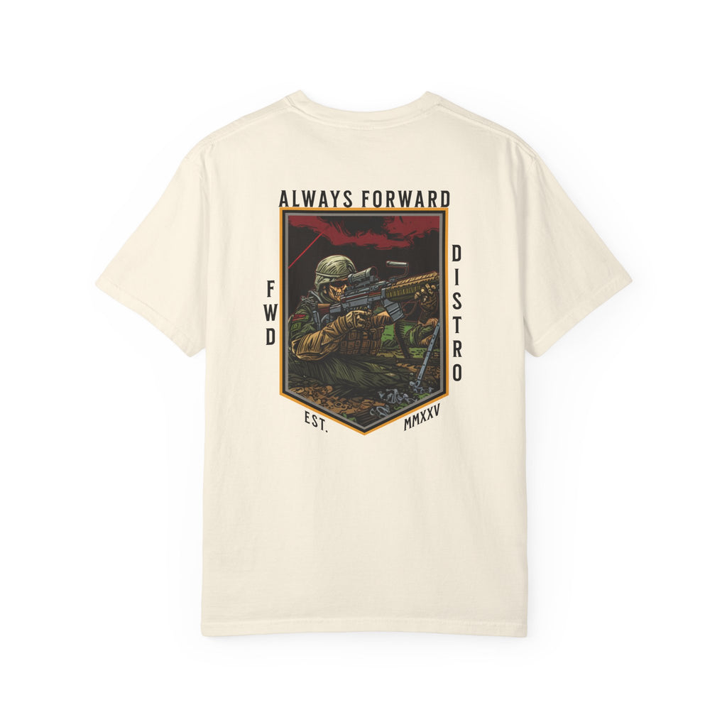 Ivory heavyweight cotton t-shirt with "Always Forward" military sniper graphic and text design on back.