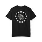 Black heavyweight cotton t-shirt with a white rebellion skull and star circle graphic on the back.