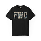 Black heavyweight cotton t-shirt with FWD text in polar choc chip camo pattern, relaxed fit, rib collar, and durable stitching.