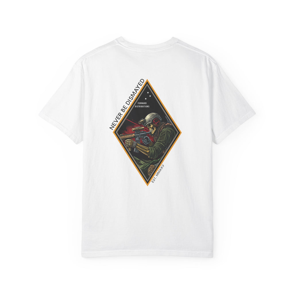White t-shirt with a diamond graphic with a skull soilder with the text Never Be Dismayed