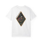 White t-shirt with a diamond graphic with a skull soilder with the text Never Be Dismayed