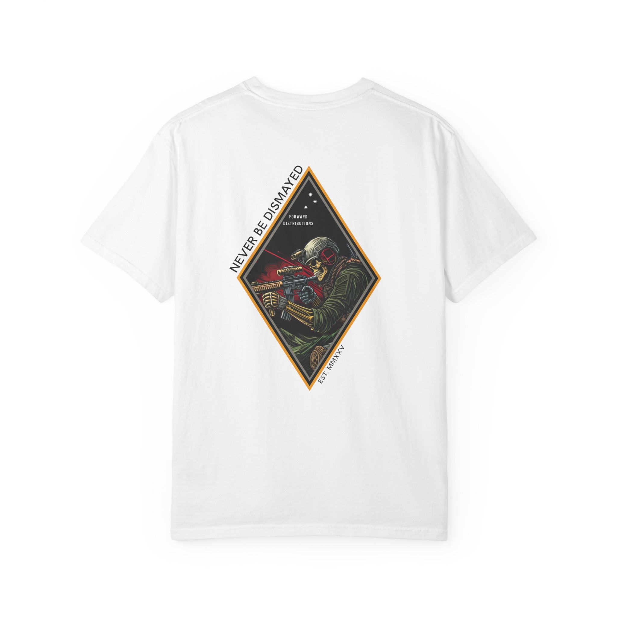 White t-shirt with a diamond graphic with a skull soilder with the text Never Be Dismayed