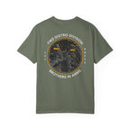 Moss heavyweight cotton t-shirt with a vintage Brothers in Arms soldier graphic and circular text design on the back.