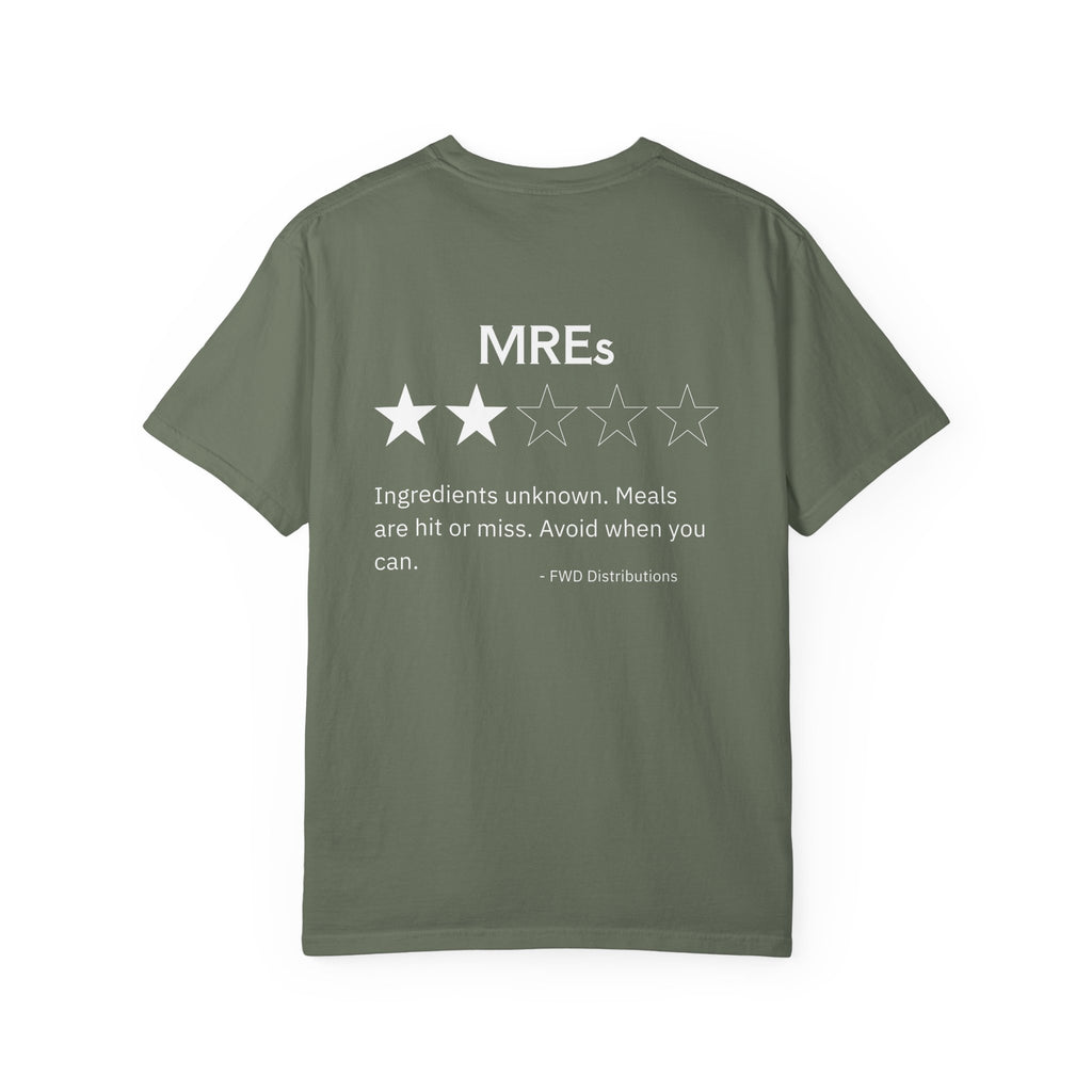 Moss t-shirt with a humorous MREs review showing two stars and a warning about unknown ingredients.
