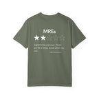 Moss t-shirt with a humorous MREs review showing two stars and a warning about unknown ingredients.