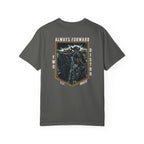Pepper heavyweight cotton t-shirt with detailed graphic of soldier shooting over bunker and text Always Forward.