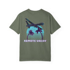 Moss heavyweight cotton t-shirt with retro airplane, palm trees, and "Remote Vacay" text graphic on back.