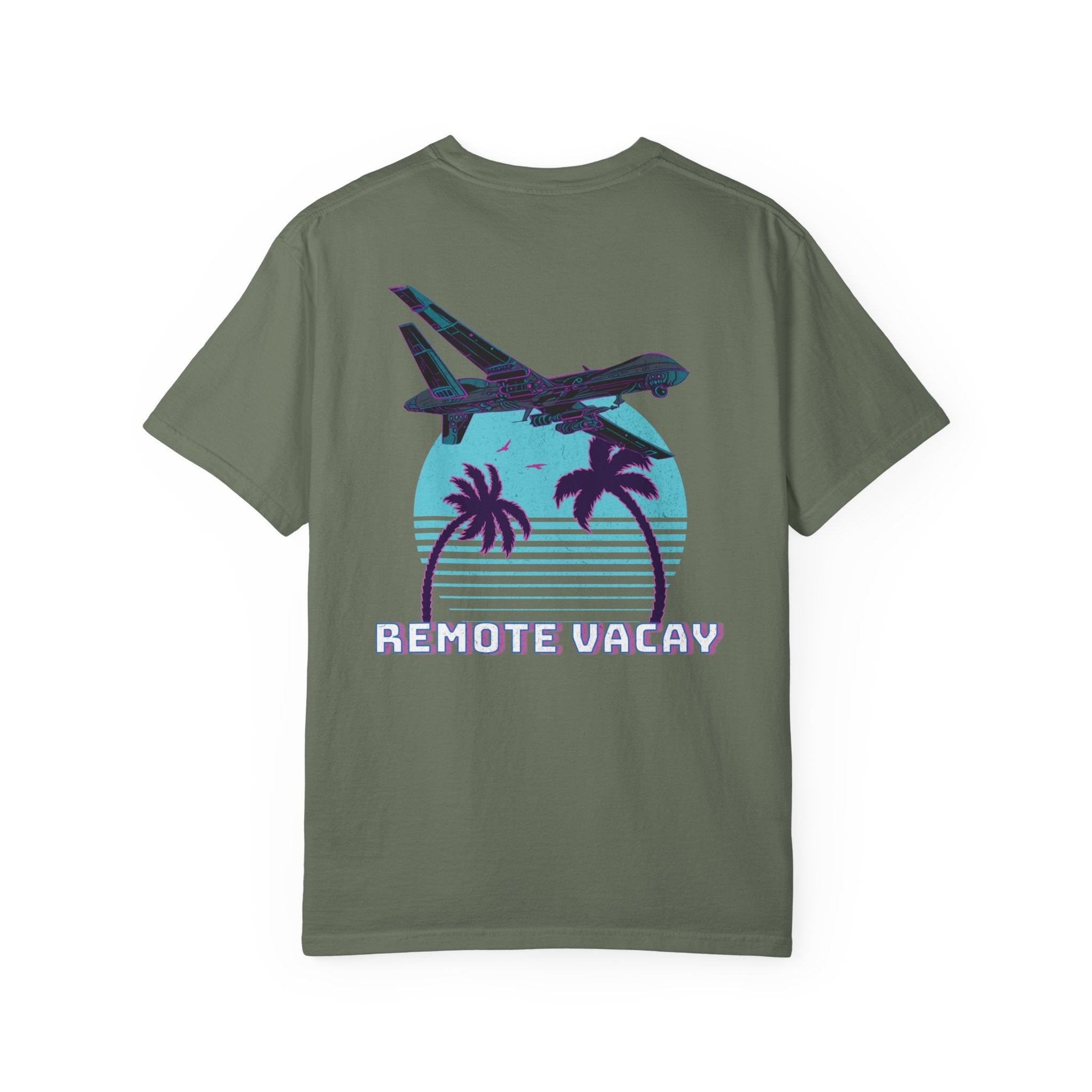 Moss heavyweight cotton t-shirt with retro airplane, palm trees, and "Remote Vacay" text graphic on back.