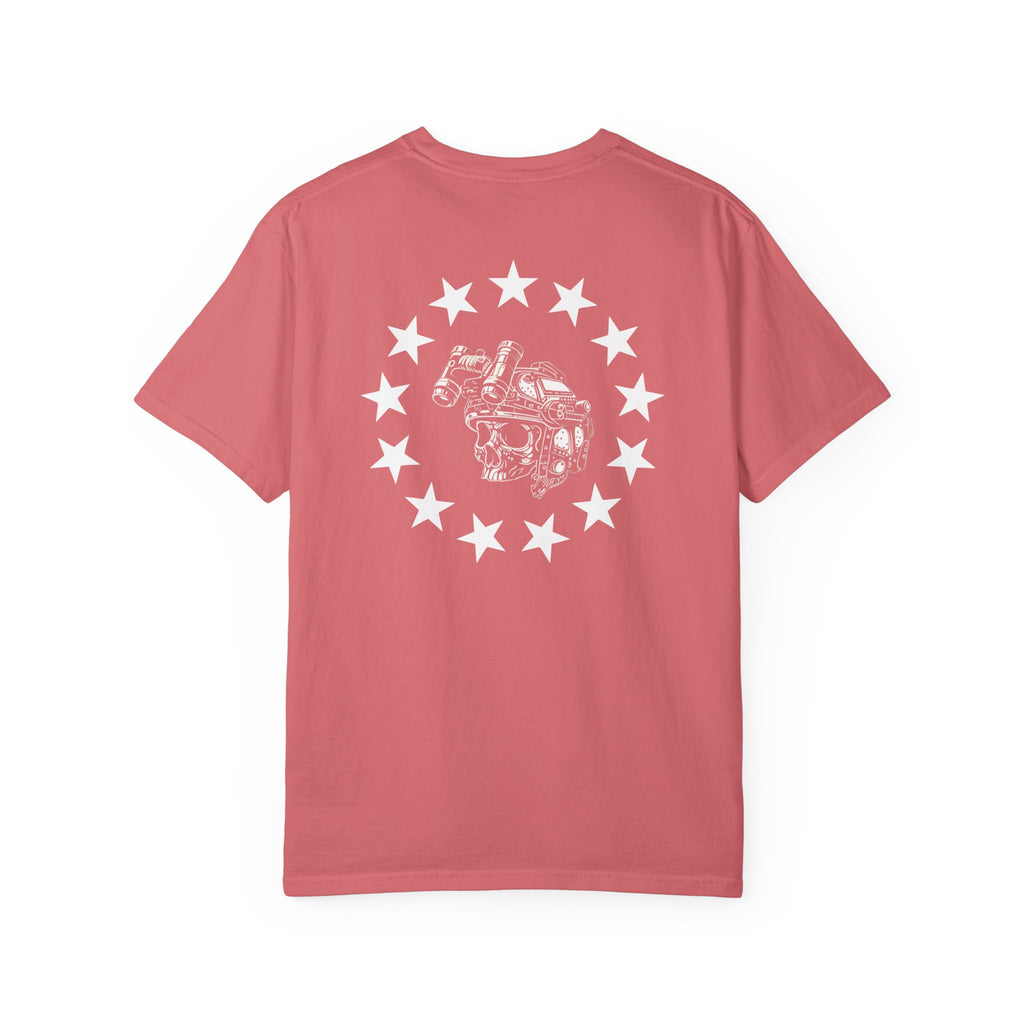 Watermelon heavyweight cotton t-shirt with a white rebellion skull and star circle graphic on the back.