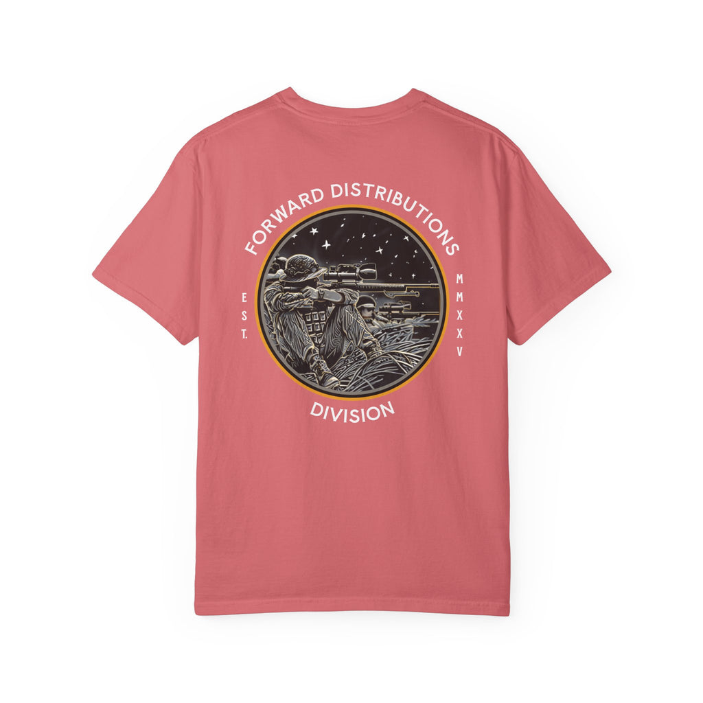 Watermelon FDD Circle III t-shirt with soldier sniper graphic and Forward Distributions Division text on back