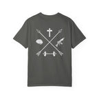 Pepper Balanced Life t-shirt featuring crossed arrows with a cross, brain, dumbbell, and rifle graphic on back.