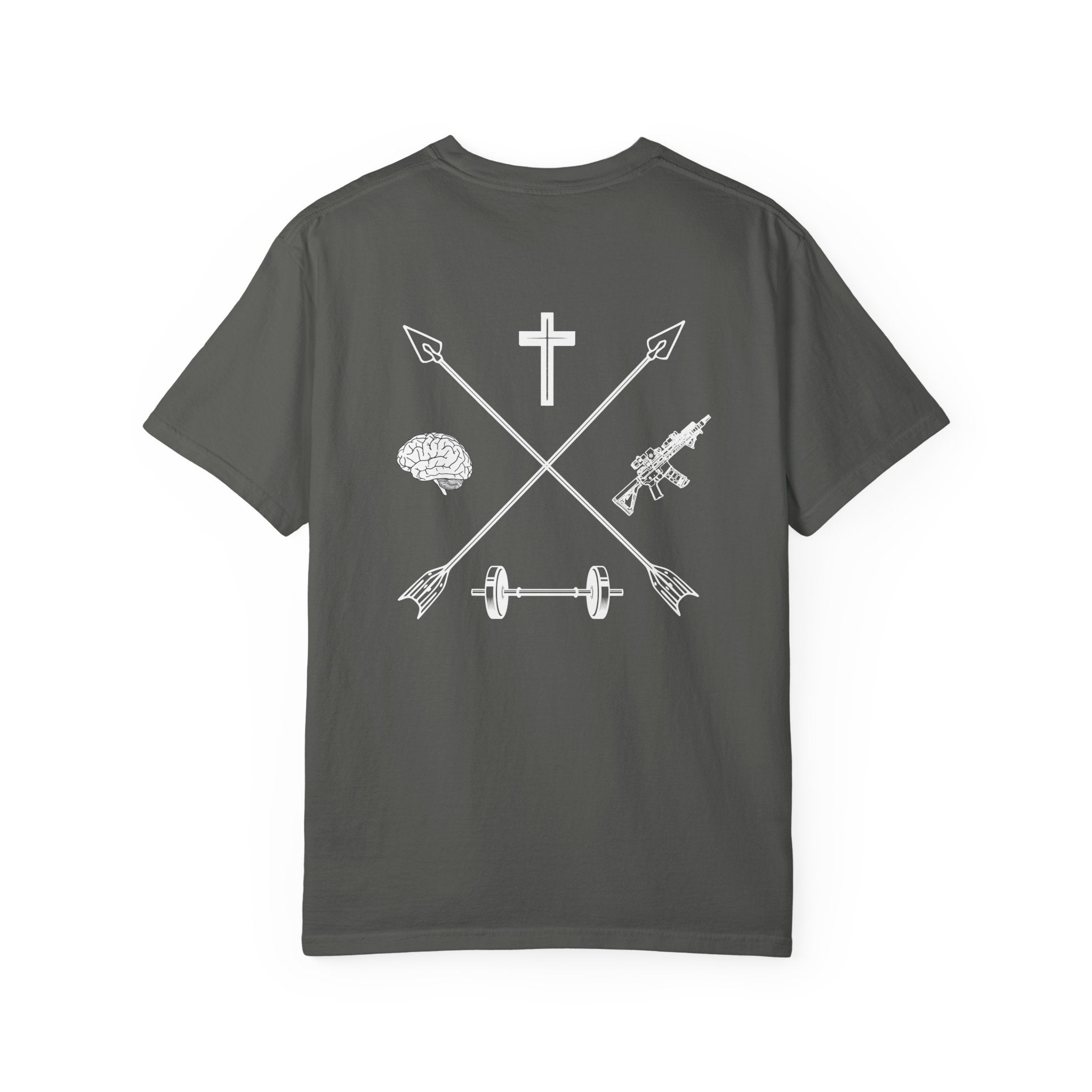 Pepper Balanced Life t-shirt featuring crossed arrows with a cross, brain, dumbbell, and rifle graphic on back.