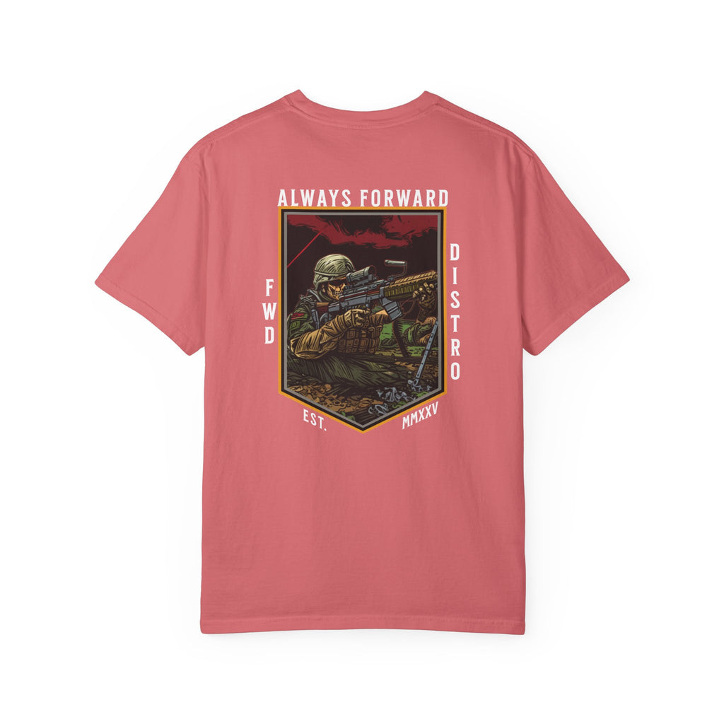Watermelon heavyweight cotton t-shirt with "Always Forward" military sniper graphic and text design on back.