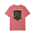 Watermelon heavyweight cotton t-shirt with "Always Forward" military sniper graphic and text design on back.