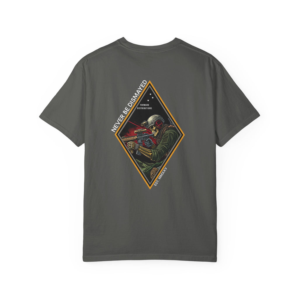 Pepper t-shirt with a diamond graphic with a skull soilder with the text Never Be Dismayed
