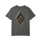 Pepper t-shirt with a diamond graphic with a skull soilder with the text Never Be Dismayed