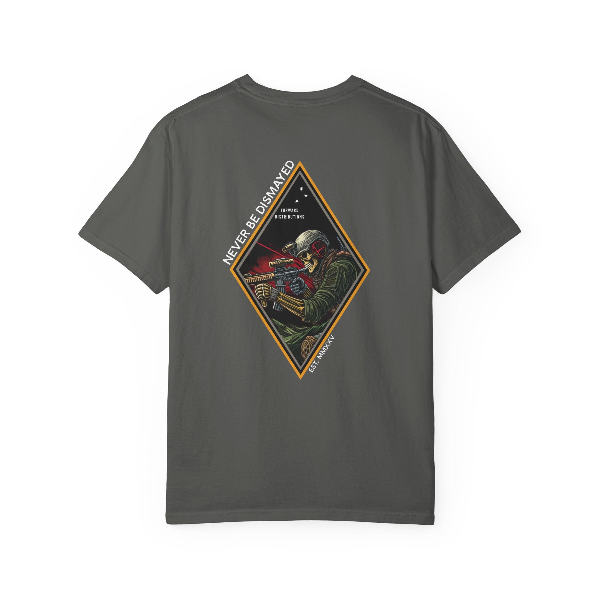 Pepper t-shirt with a diamond graphic with a skull soilder with the text Never Be Dismayed