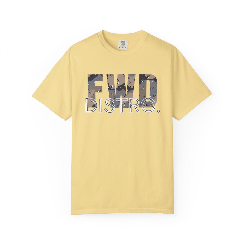 Butter heavyweight cotton T-shirt with FWD DISTRO. logo in Blueberry Chip camo print on front.
