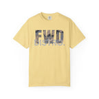 Butter heavyweight cotton T-shirt with FWD DISTRO. logo in Blueberry Chip camo print on front.