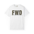 White heavyweight cotton t-shirt with "FWD DISTRO" tiger stripe graphic and relaxed fit, durable double-needle stitching.