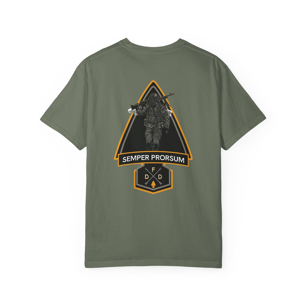 Moss FDD Arrow II t-shirt with soldier graphic and "Semper Prorsum" text on the back, heavyweight cotton blend.