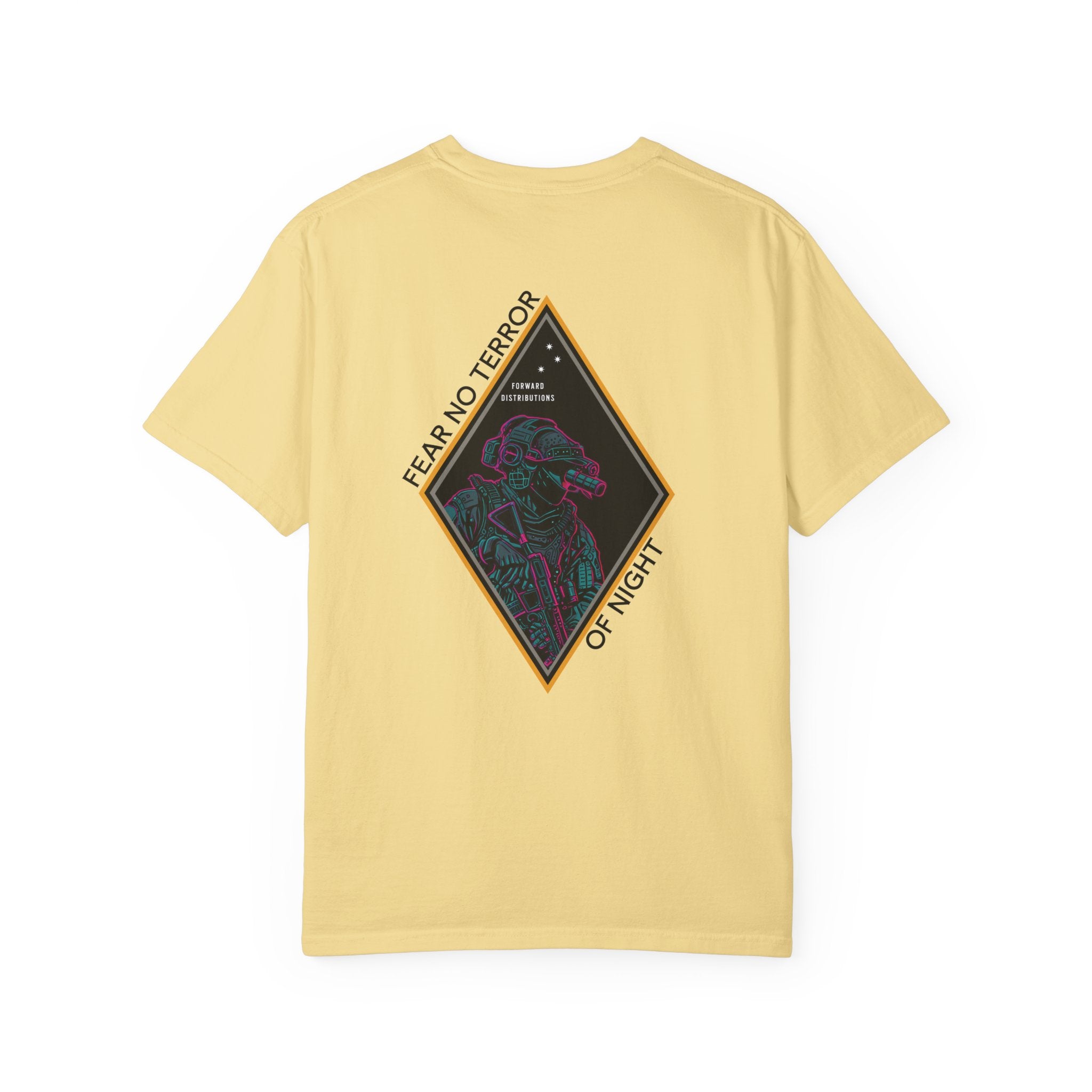 Butter heavyweight cotton t-shirt with neon-style graphic and "Fear No Terror of Night" text design on back.