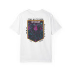 White t-shirt with a neon-colored graphic featuring a framed image of two soldiers in tactical gear with rifles and night vision goggles, with text "FEAR NO TERROR OF NIGHT" at the top of the design, giving the art a futuristic, synthwave aesthetic.