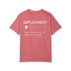 Watermelon heavyweight cotton t-shirt with a humorous deployment review and one-star rating printed on the back.