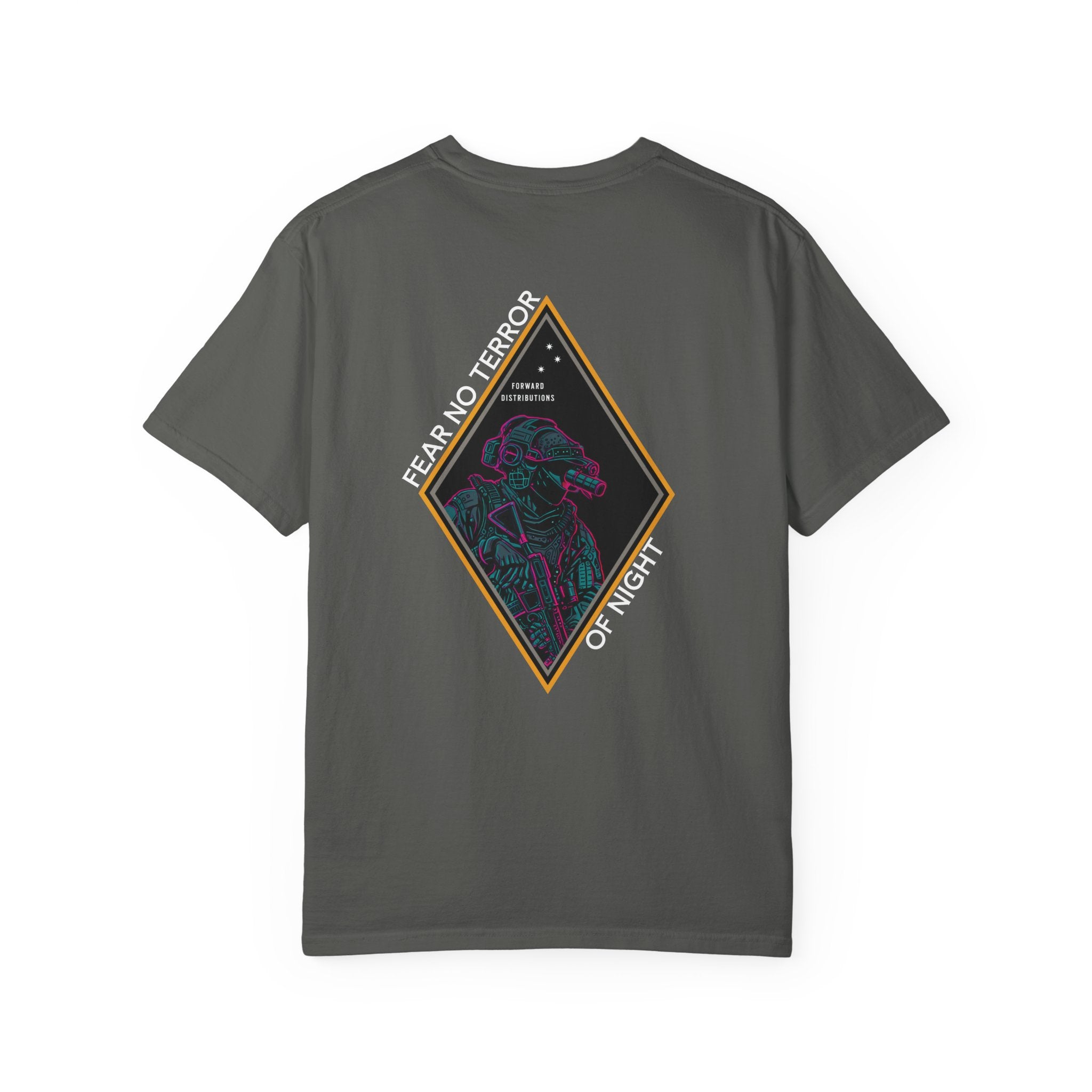 Pepper heavyweight cotton t-shirt with neon-style graphic and "Fear No Terror of Night" text design on back.