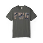Pepper heavyweight cotton t-shirt with FWD text in blueberry chip camouflage print, relaxed fit and rib collar.