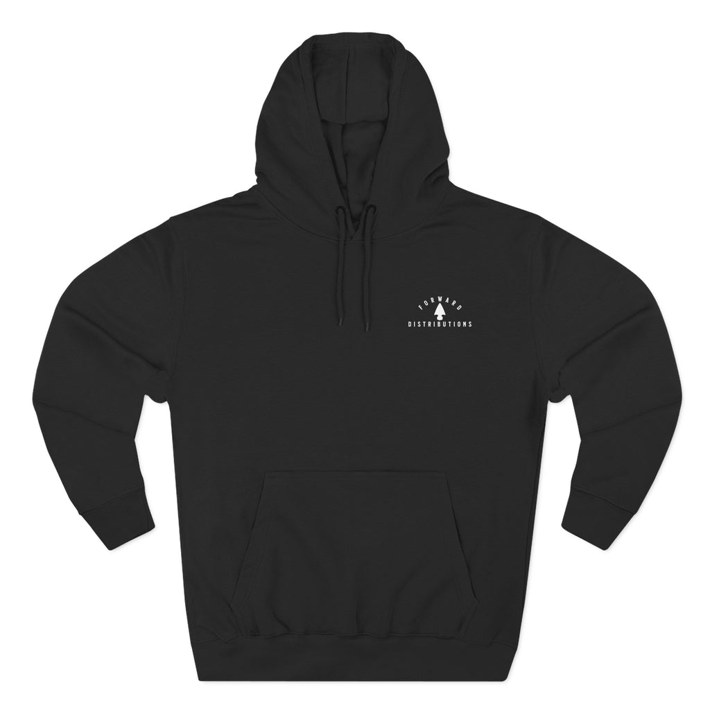 Black hoodie with adjustable hood, front kangaroo pocket, and Forward Distributions Signature Logo. 
