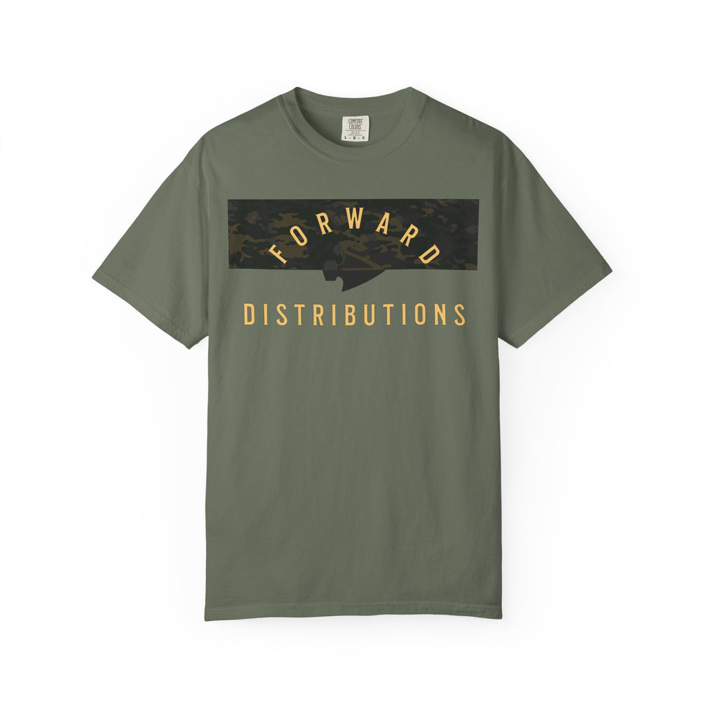 Moss Split Camo Multicam t-shirt with Forward Distributions text, heavyweight cotton, relaxed fit, rib collar