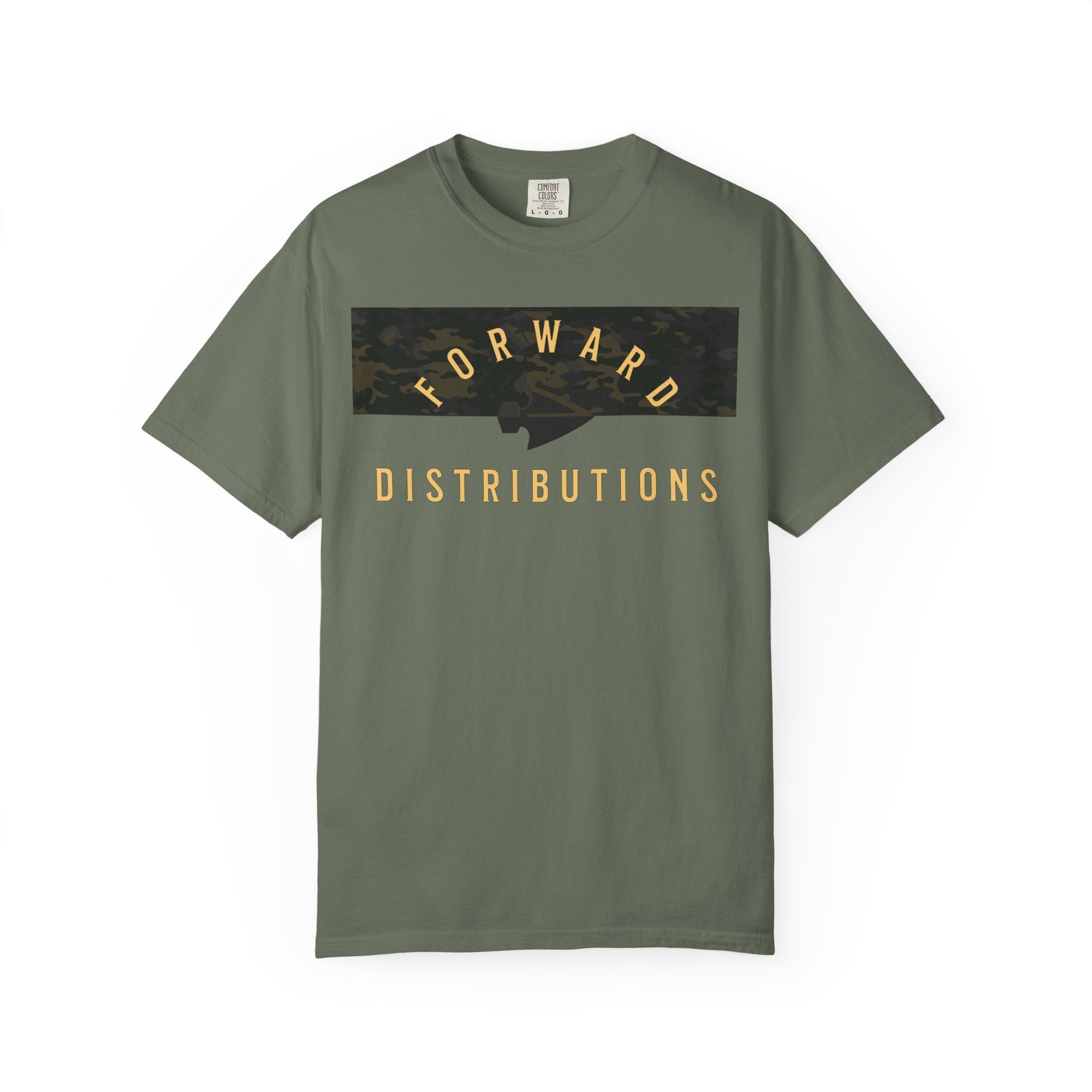 Moss Split Camo Multicam t-shirt with Forward Distributions text, heavyweight cotton, relaxed fit, rib collar