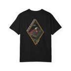 Black t-shirt with a diamond graphic with a skull soilder with the text Never Be Dismayed