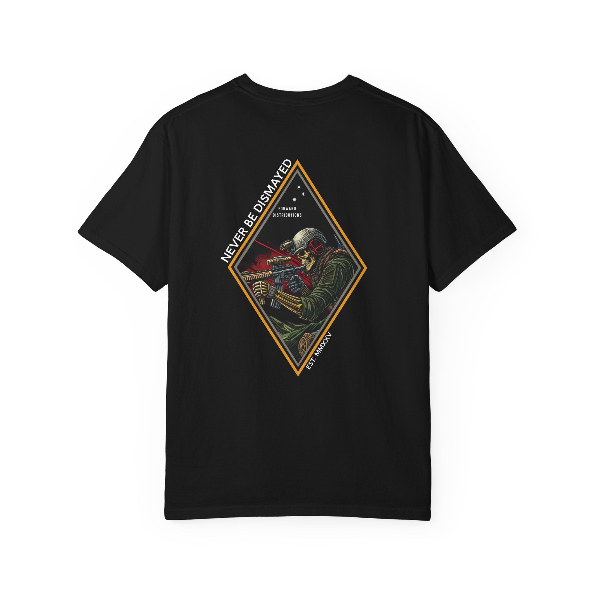 Black t-shirt with a diamond graphic with a skull soilder with the text Never Be Dismayed