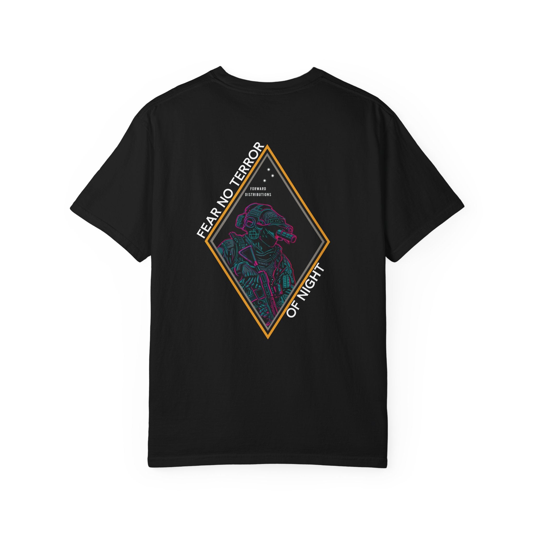 Black heavyweight cotton t-shirt with neon-style graphic and "Fear No Terror of Night" text design on back.