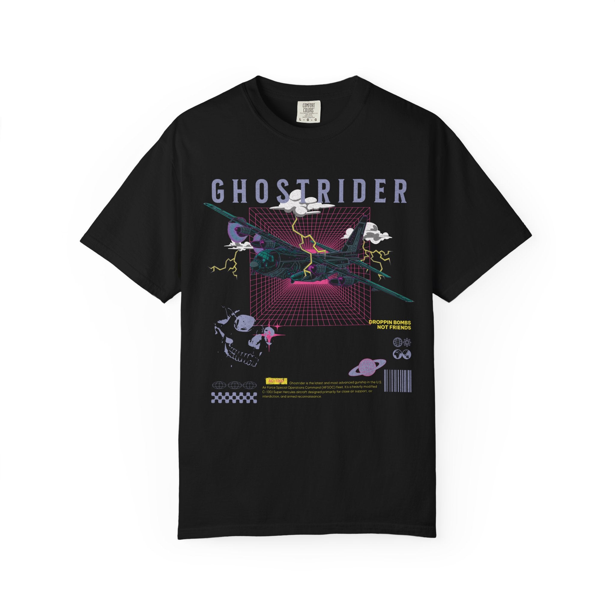 Black Ghostrider AC130J graphic t-shirt with futuristic aircraft and space-themed design elements