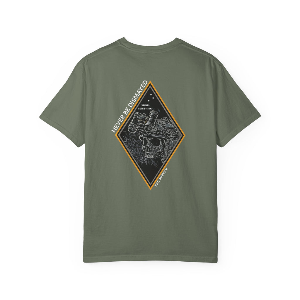 Moss heavyweight cotton t-shirt with a skull graphic framed by a diamond shape on the back.