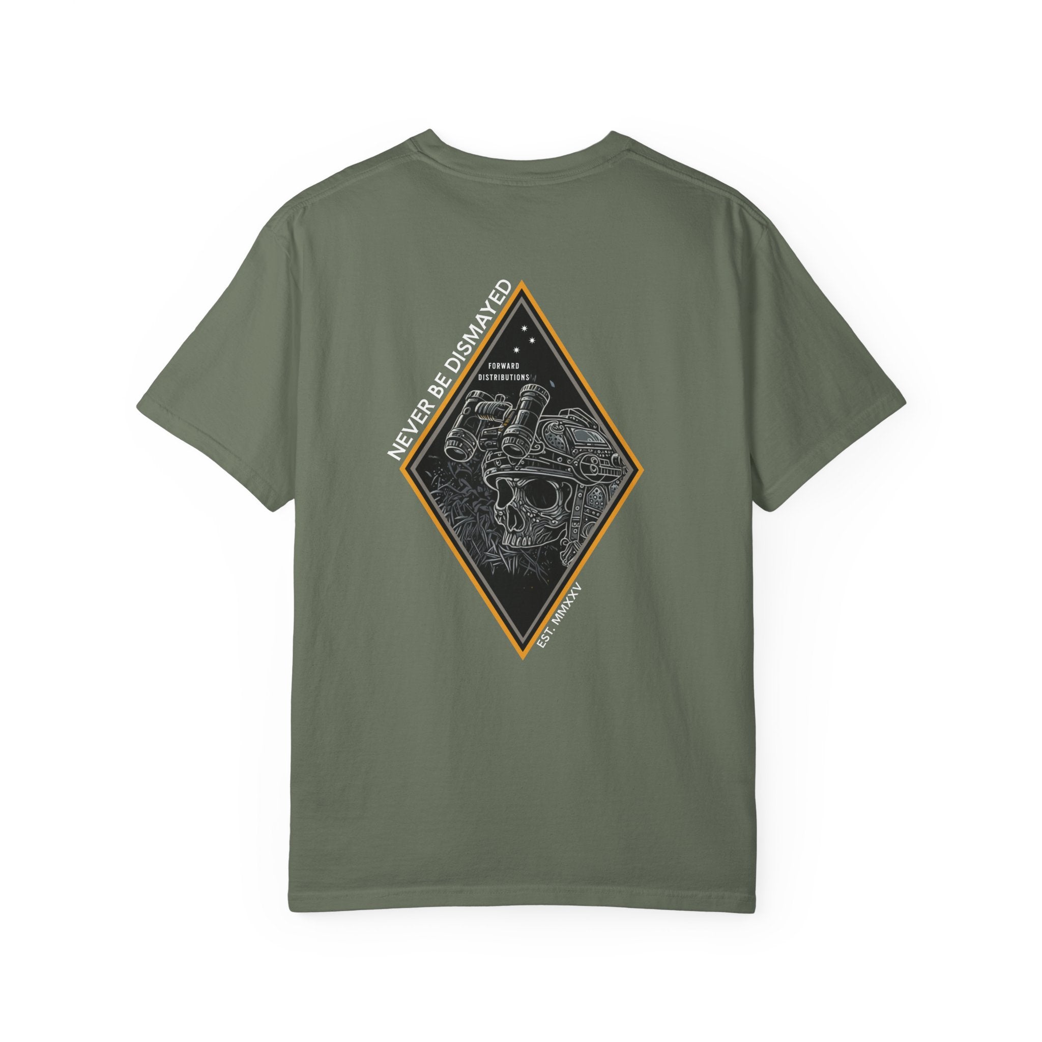 Moss heavyweight cotton t-shirt with a skull graphic framed by a diamond shape on the back.