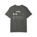 Pepper t-shirt with a humorous MREs review showing two stars and a warning about unknown ingredients.
