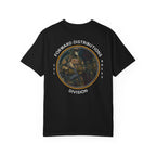 Black t-shirt with a circular graphic design with a soldier wearing a helmet and tactical gear, with text around the design reading "FORWARD DISTRIBUTIONS DIVISION."
