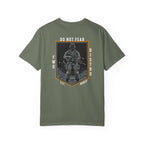 Moss heavyweight cotton T-shirt with Soldier holding rifle graphic and Do Not Fear text design on back.