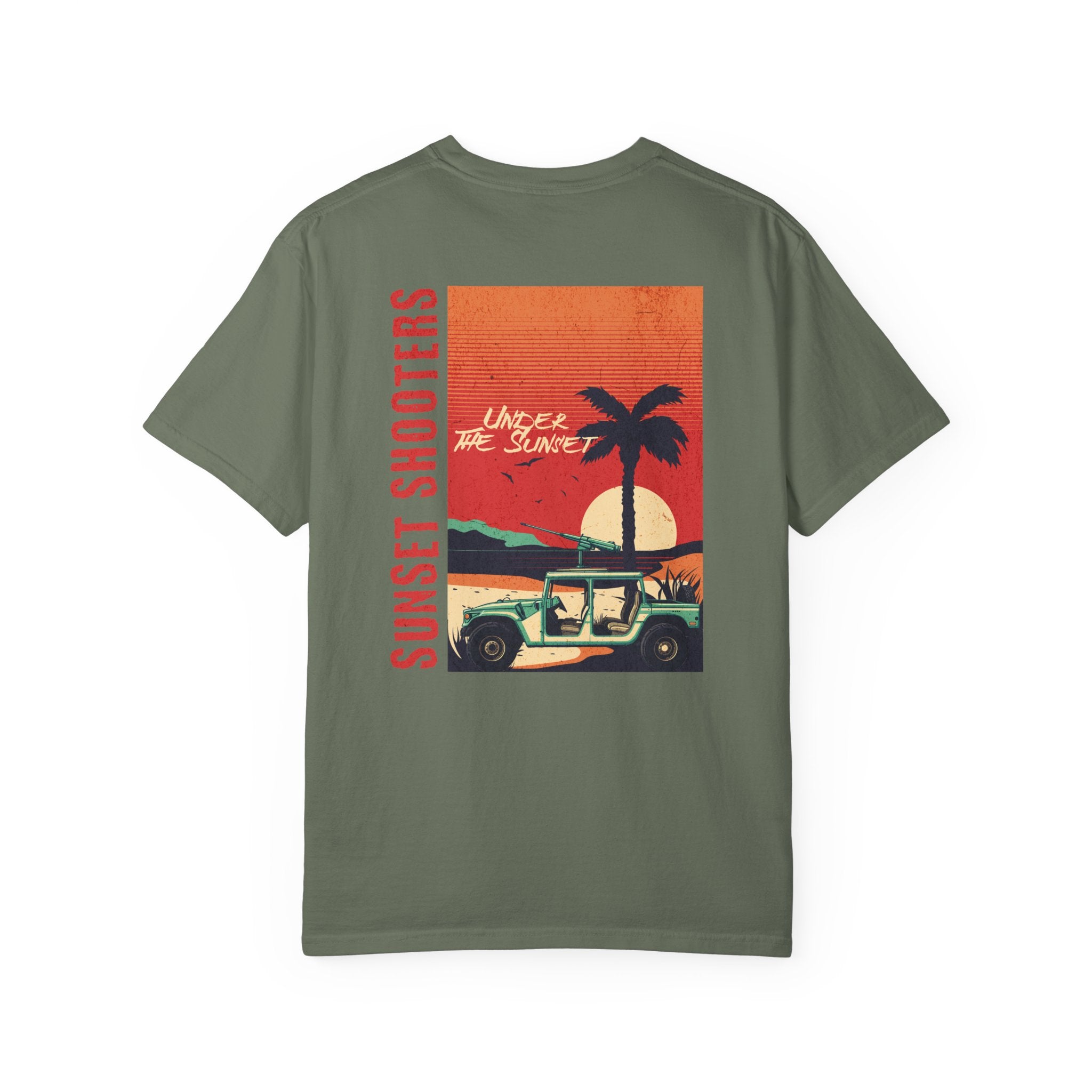 Moss Green t-shirt with a graphic design of a sunset, palm tree, and jeep.